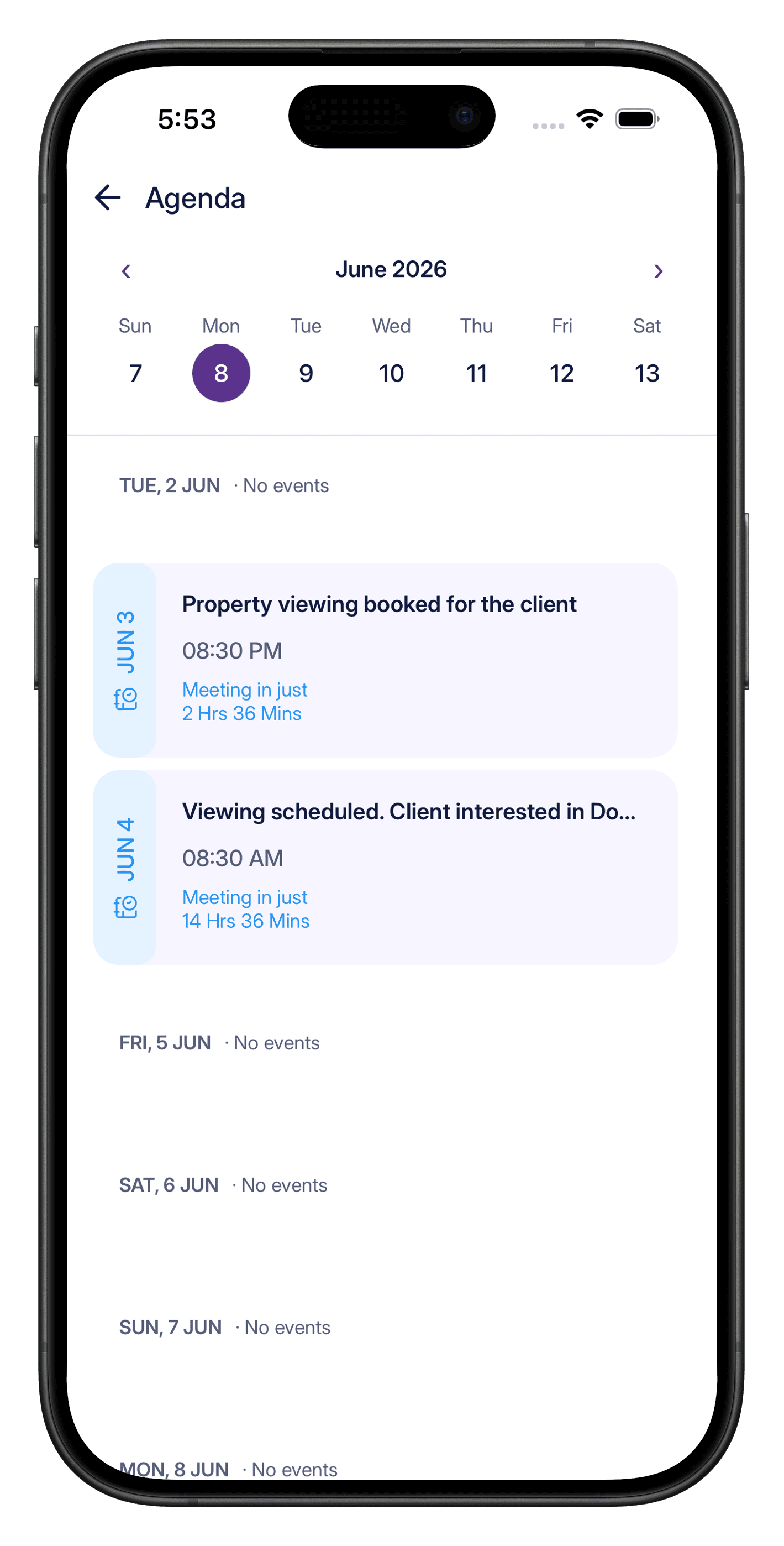 Agenda: calendar of upcoming property viewings