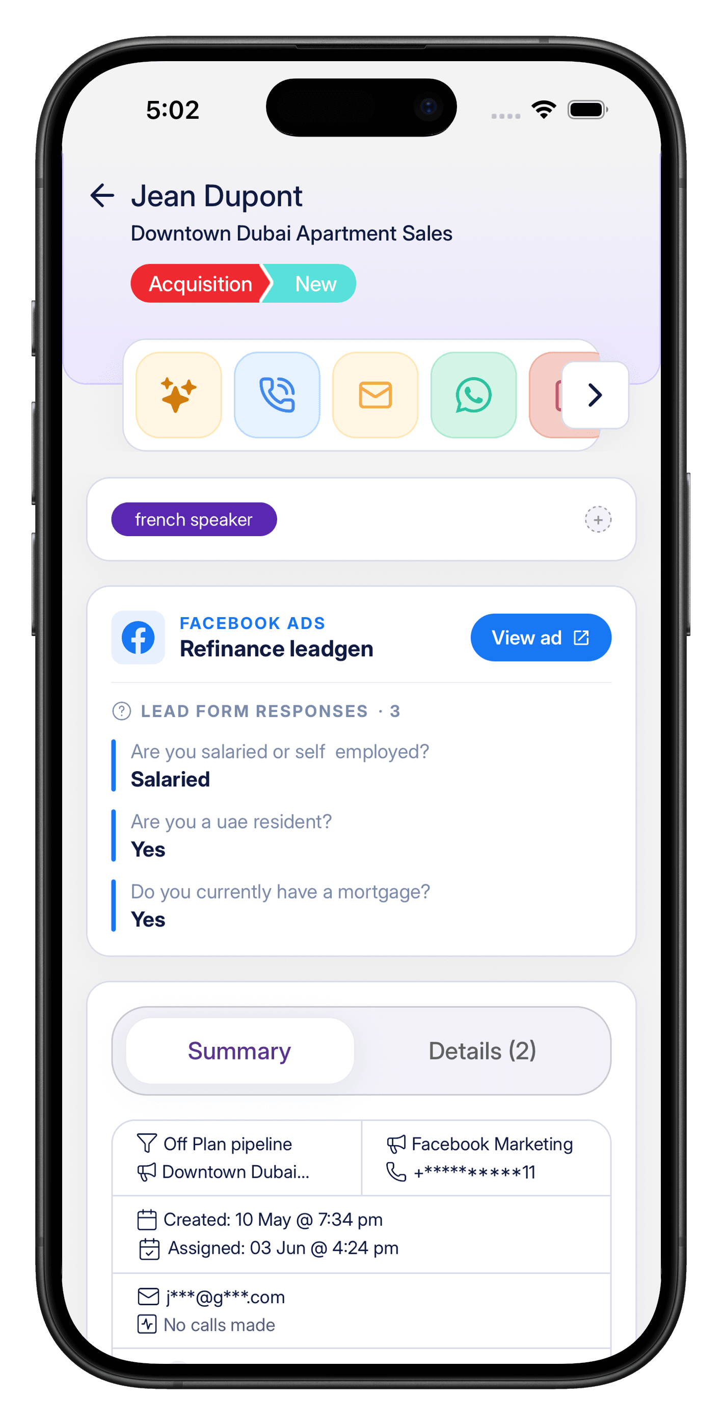 Lead view: full lead profile with source, tags, and activity
