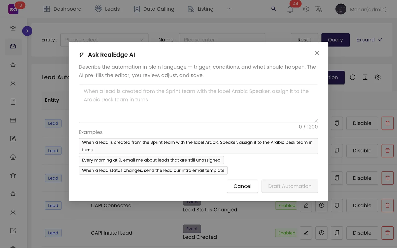 RealEdge automation editor — the Ask RealEdge AI panel, where you describe an automation in plain language and the AI pre-fills the editor for you to review, adjust and save.
